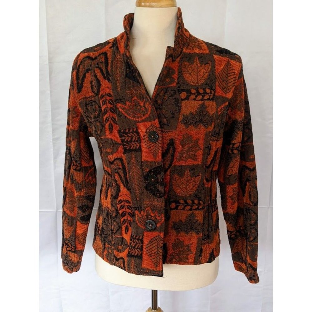 Womens Vintage CMC Tapestry 3 Button Blazer Size Large Fall Autumn Leaf Jacquard
